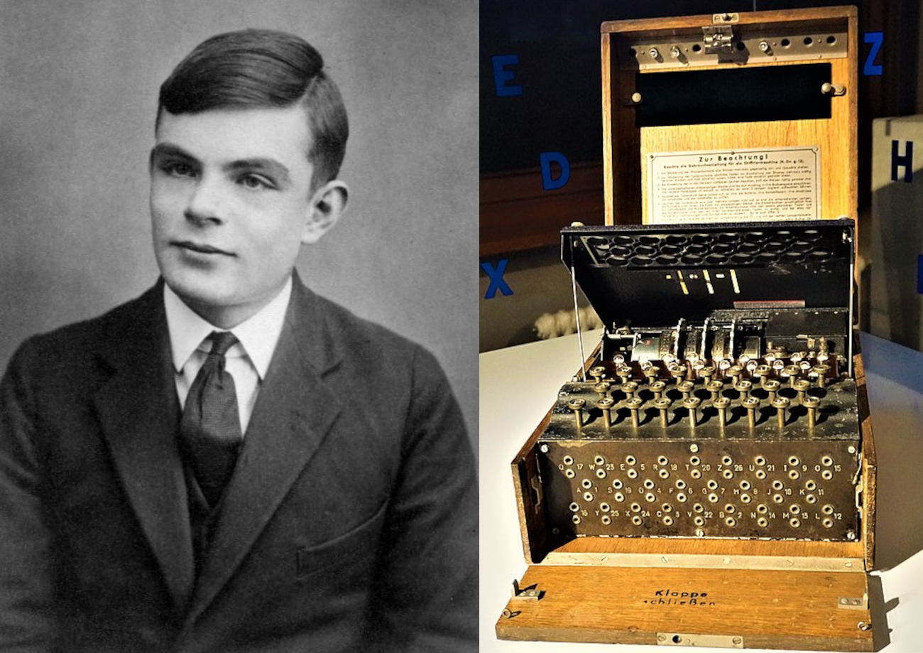 (Left) Alan Turing; (Right) Enigma Machine